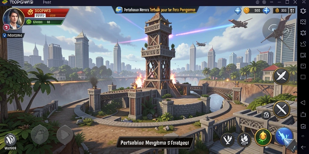 Gameplay menegangkan TOOPGWS dengan menara dan musuh yang menantang.